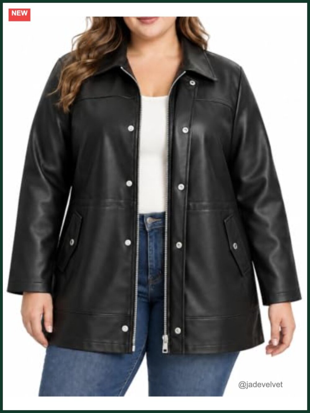 Plus Size PU Leather Moto Biker Jacket Mid Length Coat